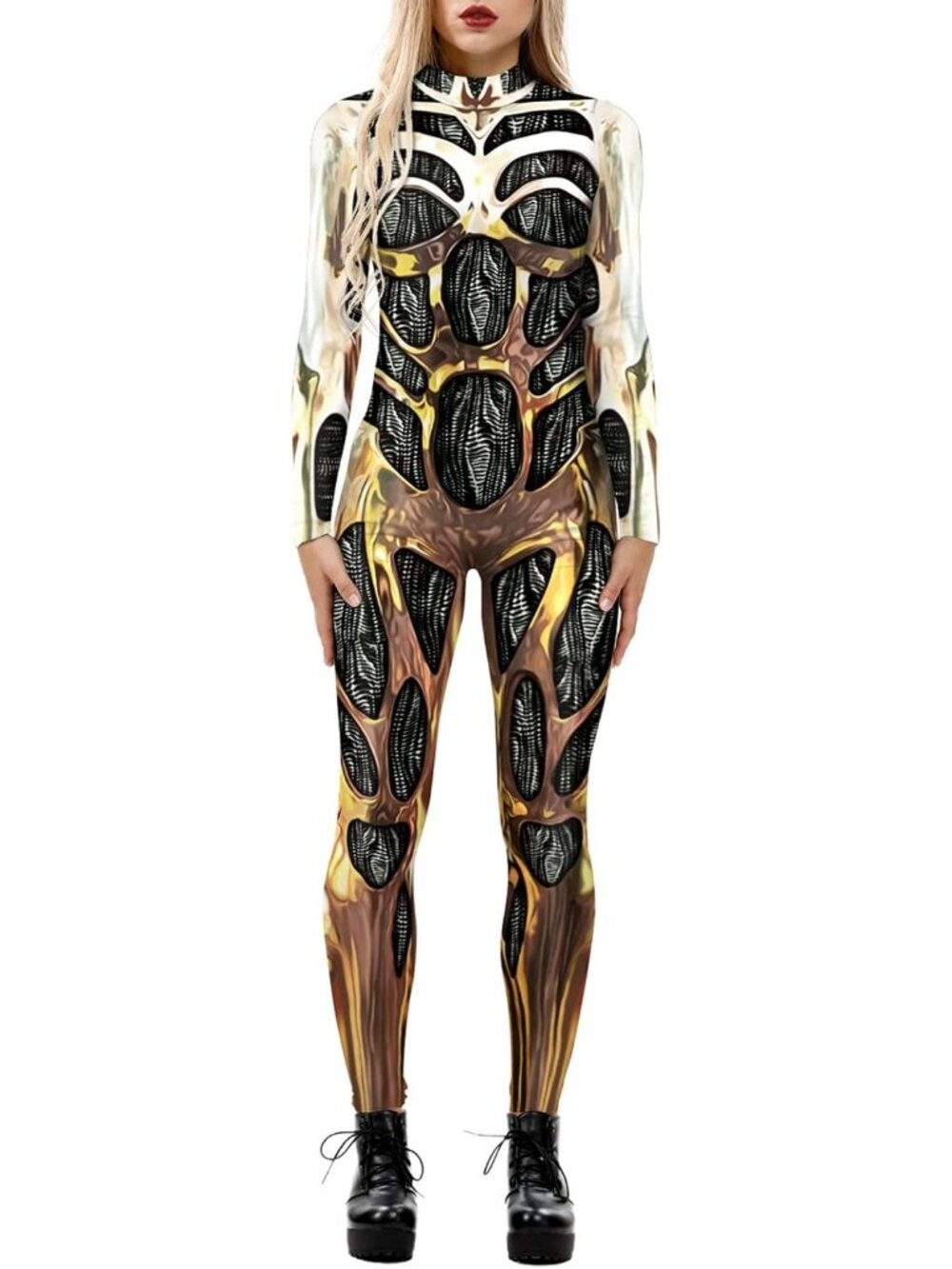 Women's Gold White Sci Fi Skeleton Bodycon Jumpsuit Full Body Unitard Rave